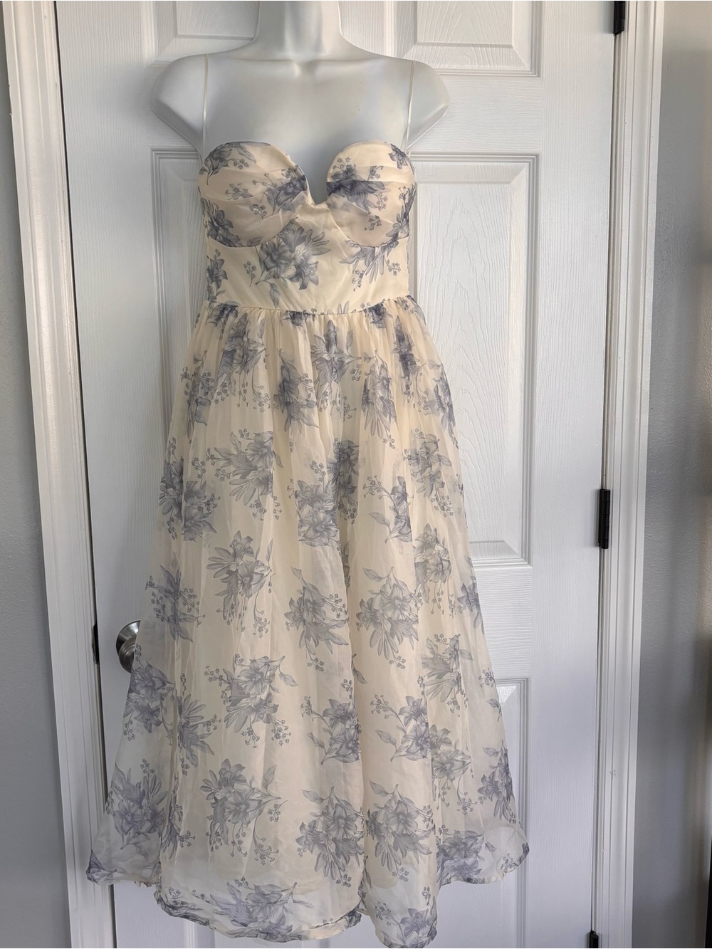Strapless Floral Maxi Dress in Cream with Gray Print